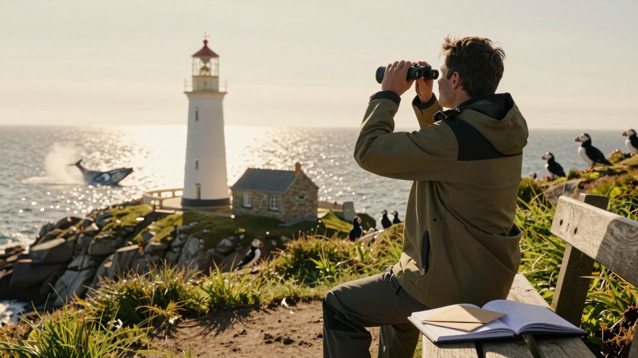 Man op bankje met verrekijker kijkt naar een vuurtoren en een springende walvis, met vogels en een boek op de voorgrond.
