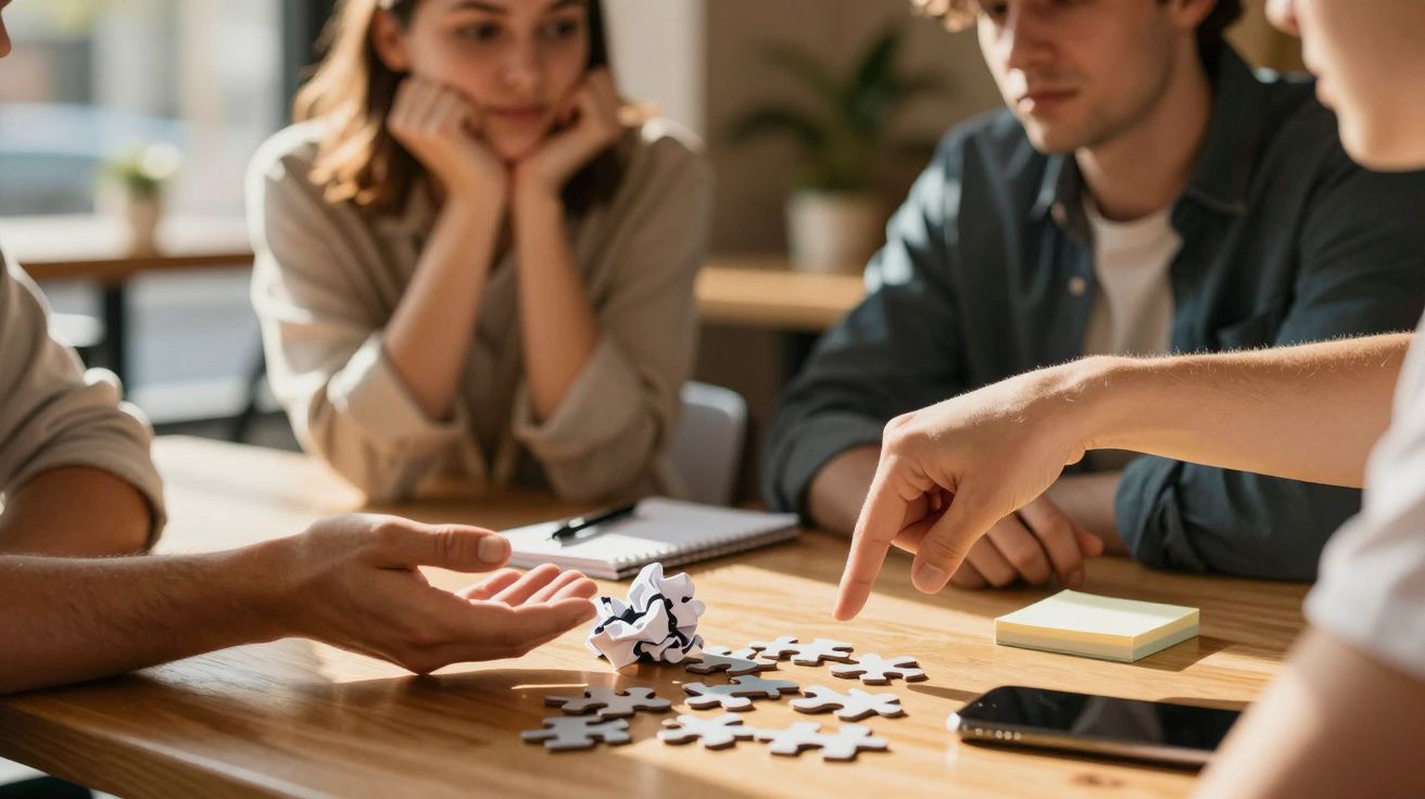 Vier mensen overleggen rond een tafel vol puzzelstukken op kantoor.