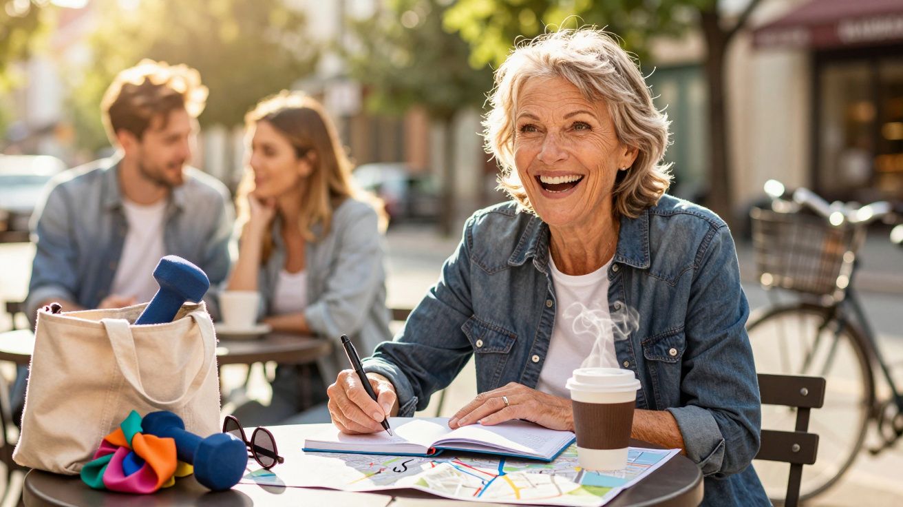 Oudere vrouw schrijft in een notitieboekje op een terrastafel met koffie, gewichten, een tas en een kaart.