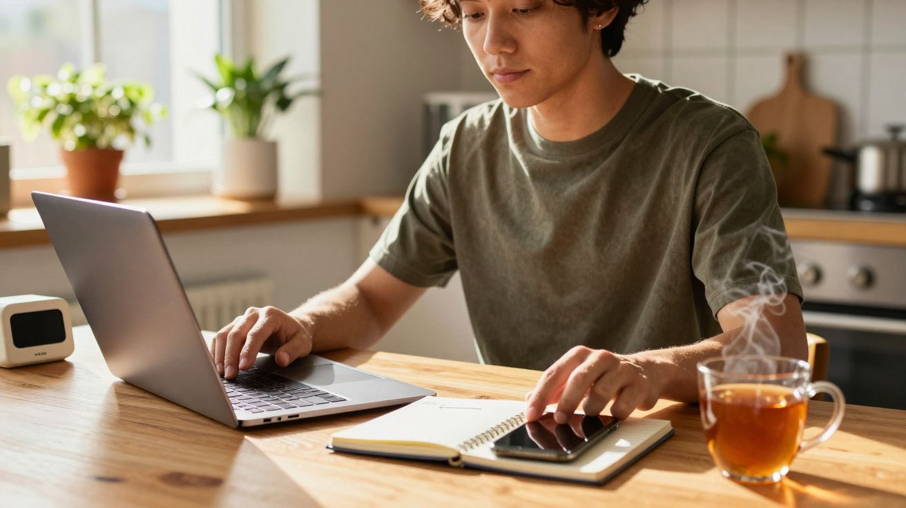 Persoon werkt aan laptop in huiselijke keuken, met notitieboek, telefoon en een kopje thee op tafel.