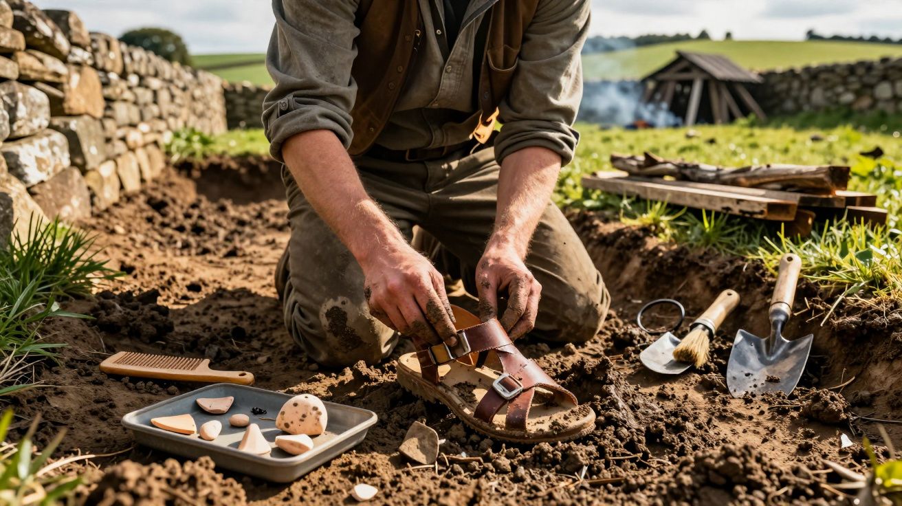 Archeoloog knielt in veld en onderzoekt Romeinse sandalen bij een opgraving met stenen muur en gereedschap op achtergrond.