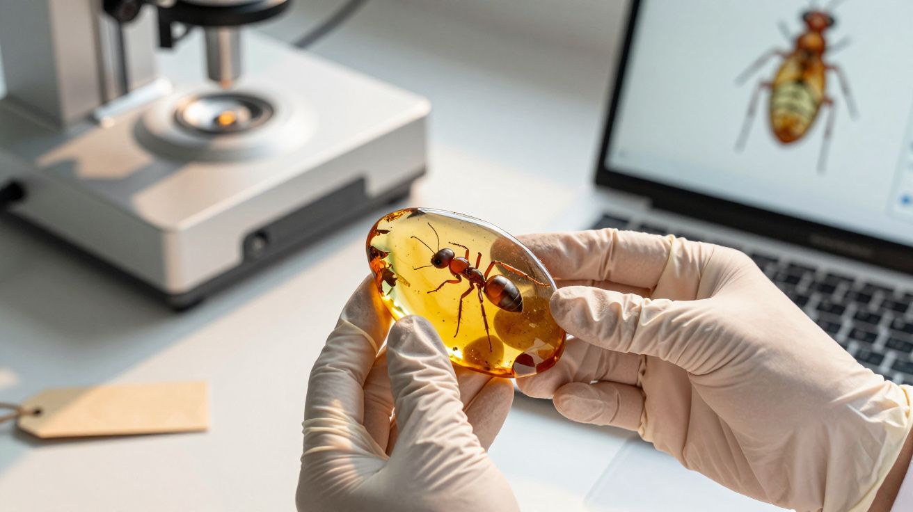 Hands met handschoenen houden barnsteen met een mier vast, op de achtergrond een microscoop en een laptop met mier afbeelding