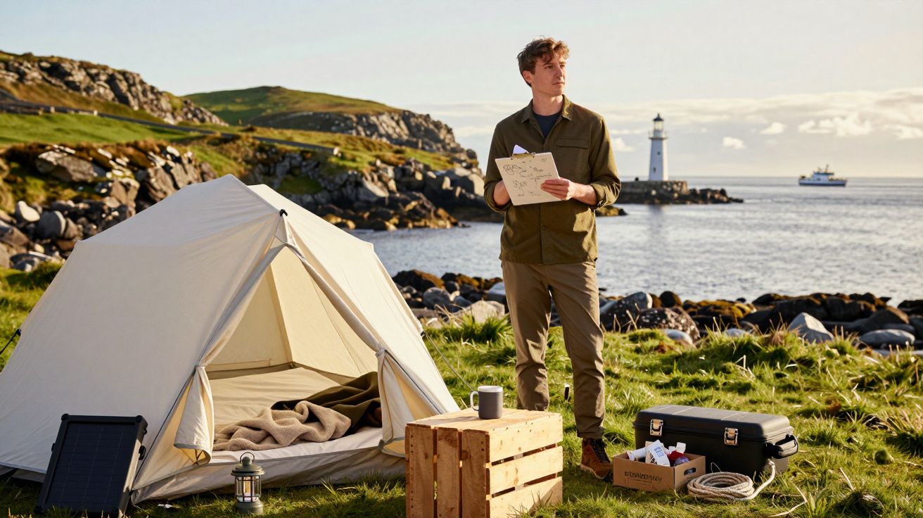 Man bij tent met kladblok aan zee, vuurtoren en schip op de achtergrond, zomerse dag.