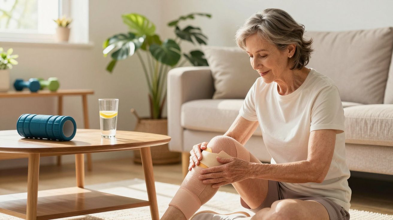 Oudere vrouw die thuis op bank zit, legt ijszak op haar knie. Actief herstel in lichte woonkamer.