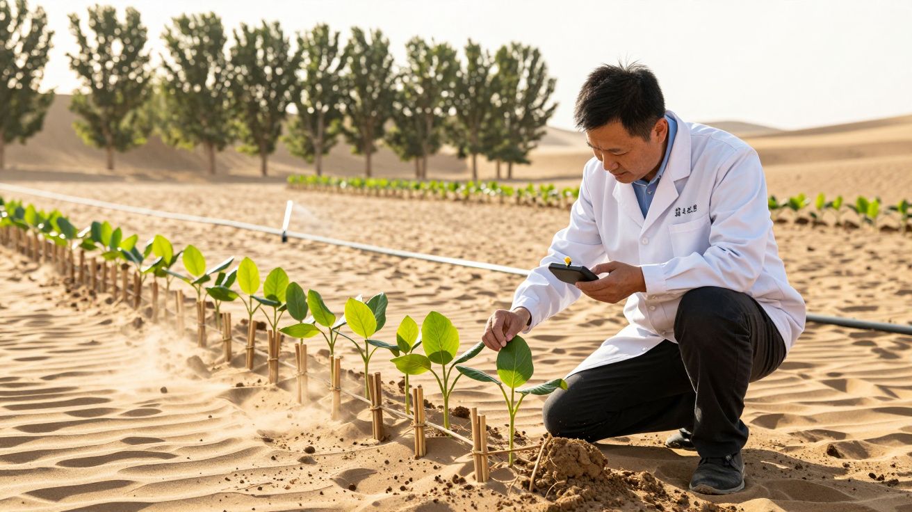 Een man in een witte jas inspecteert jonge planten in een woestijnlandschap.
