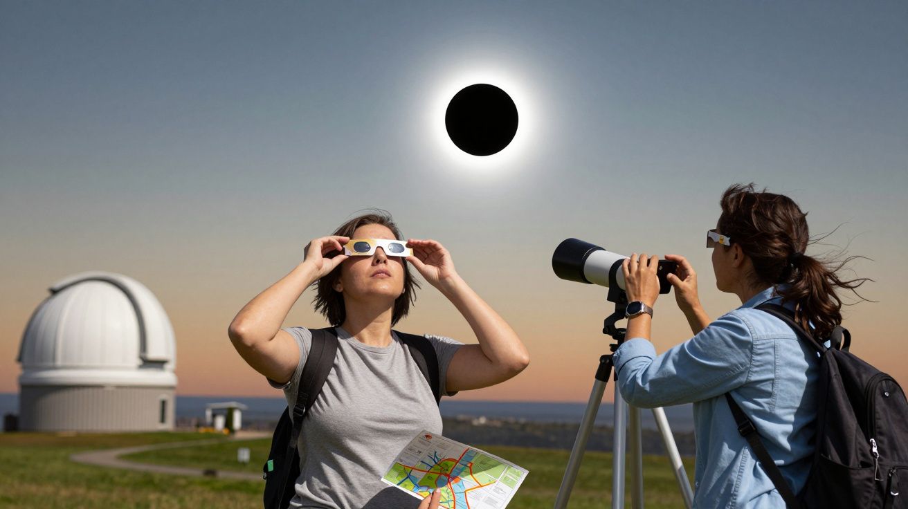 Twee personen kijken naar een zonsverduistering, één met bril en kaart, de ander gebruikt een telescoop; observatorium op ach