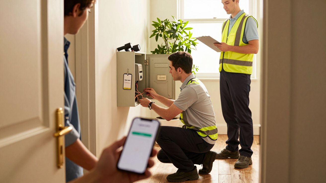 Twee technici inspecteren een zekeringkast in een gang, terwijl iemand op de voorgrond een smartphone vasthoudt.