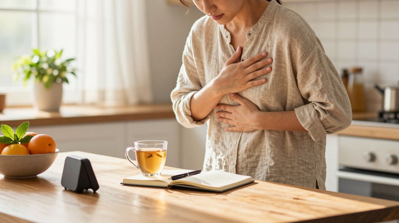 Vrouw in keuken houdt handen op borst en maag, met thee, notitieboekje en fruit op tafel.