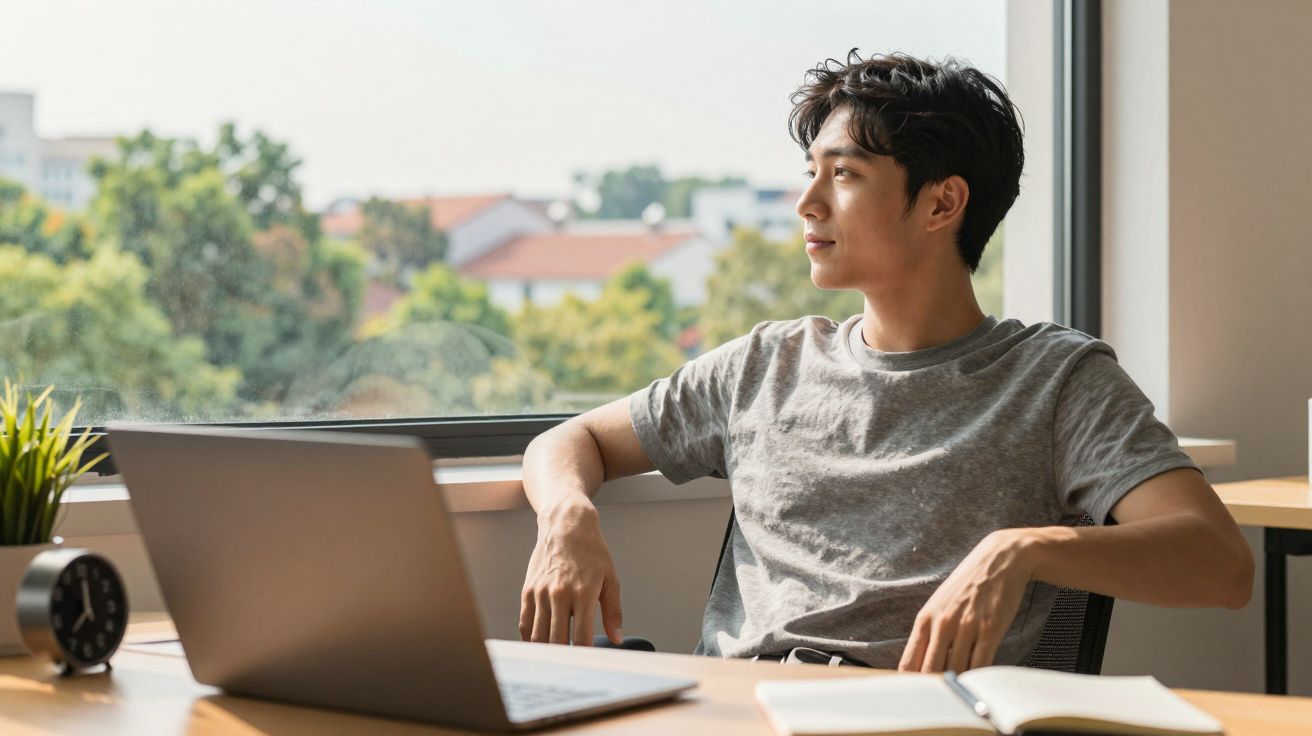 Man in grijs t-shirt kijkt uit het raam, zittend aan bureau met een laptop, notitieboek en klok.