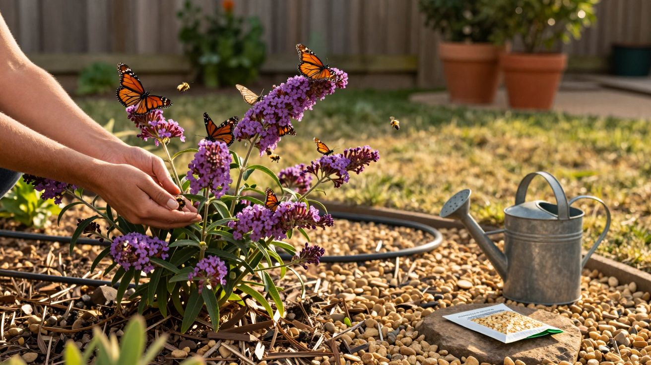 Handen verzorgen paarse bloemen met vlinders en bijen eromheen, gieter en zaadpakketje op de grond.
