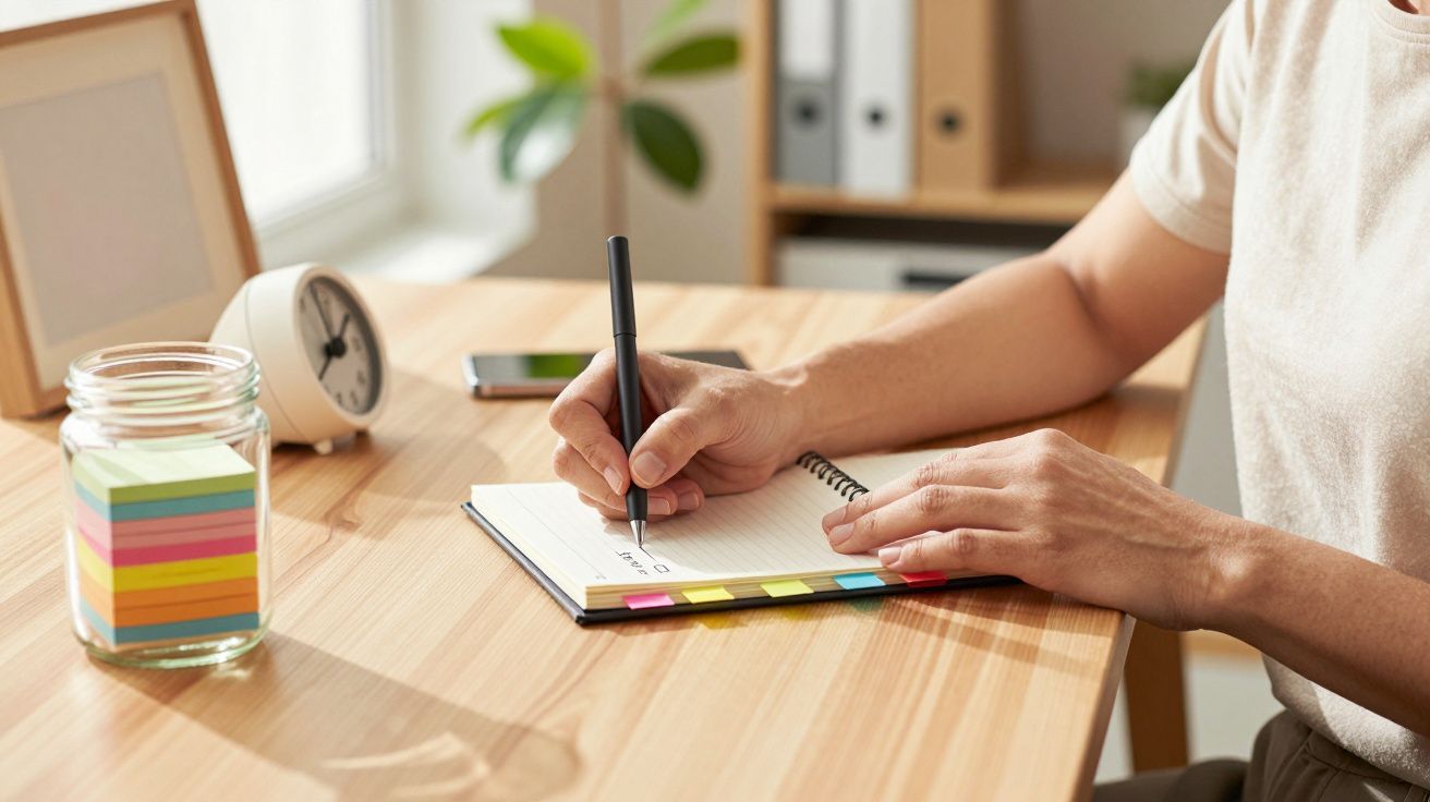 Persoon schrijft in notitieboek aan bureau met sticky notes, smartphone en klok.