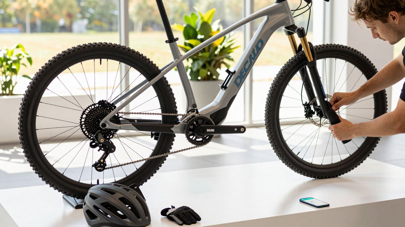 Een man repareert de voorband van een zilveren mountainbike op een standaard, met een helm en handschoenen in de buurt.