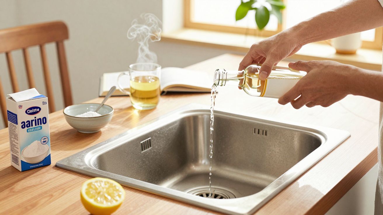 Hand giet olie in gootsteen met natriumcarbonaat, citroen en thee op tafel.