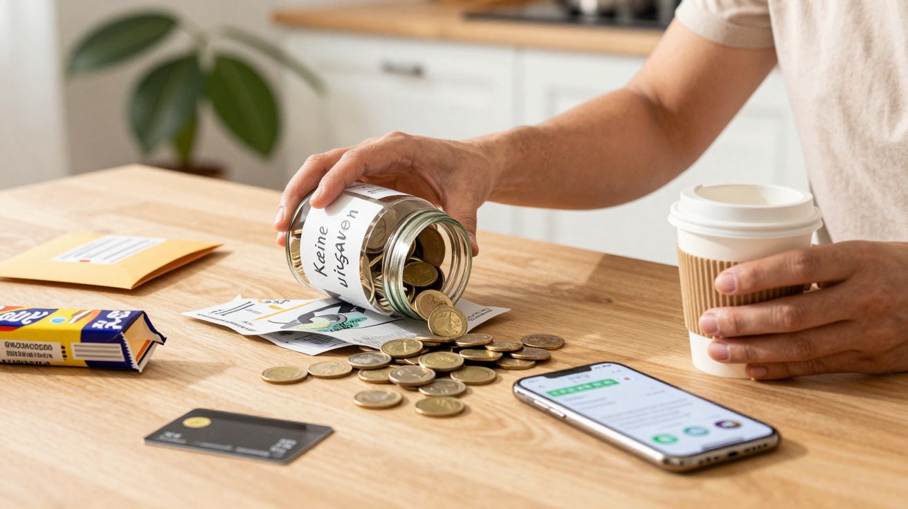 Hand giet muntgeld uit pot op tafel naast smartphone, koffie en envelop, symboliseert budgetbeheer.