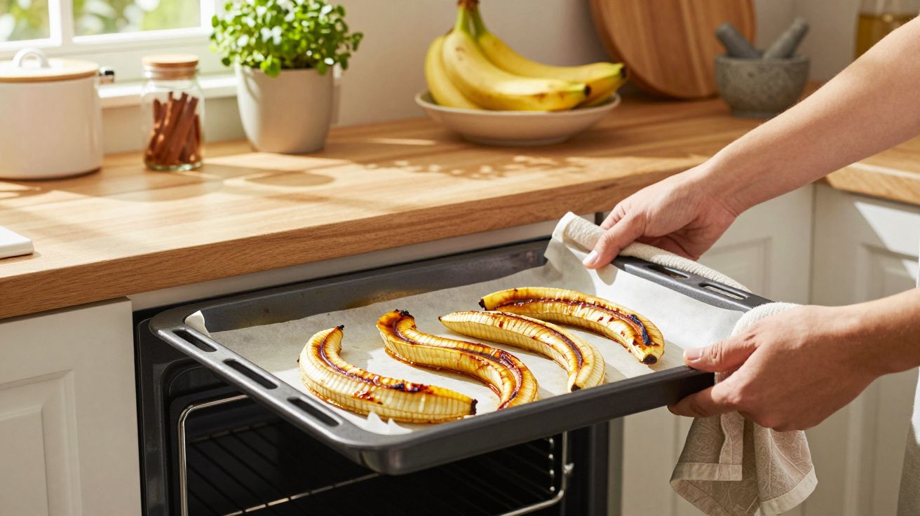 Handen nemen bakplaat met gebakken gehalveerde bananen uit de oven, keukenaccessoires op de achtergrond.