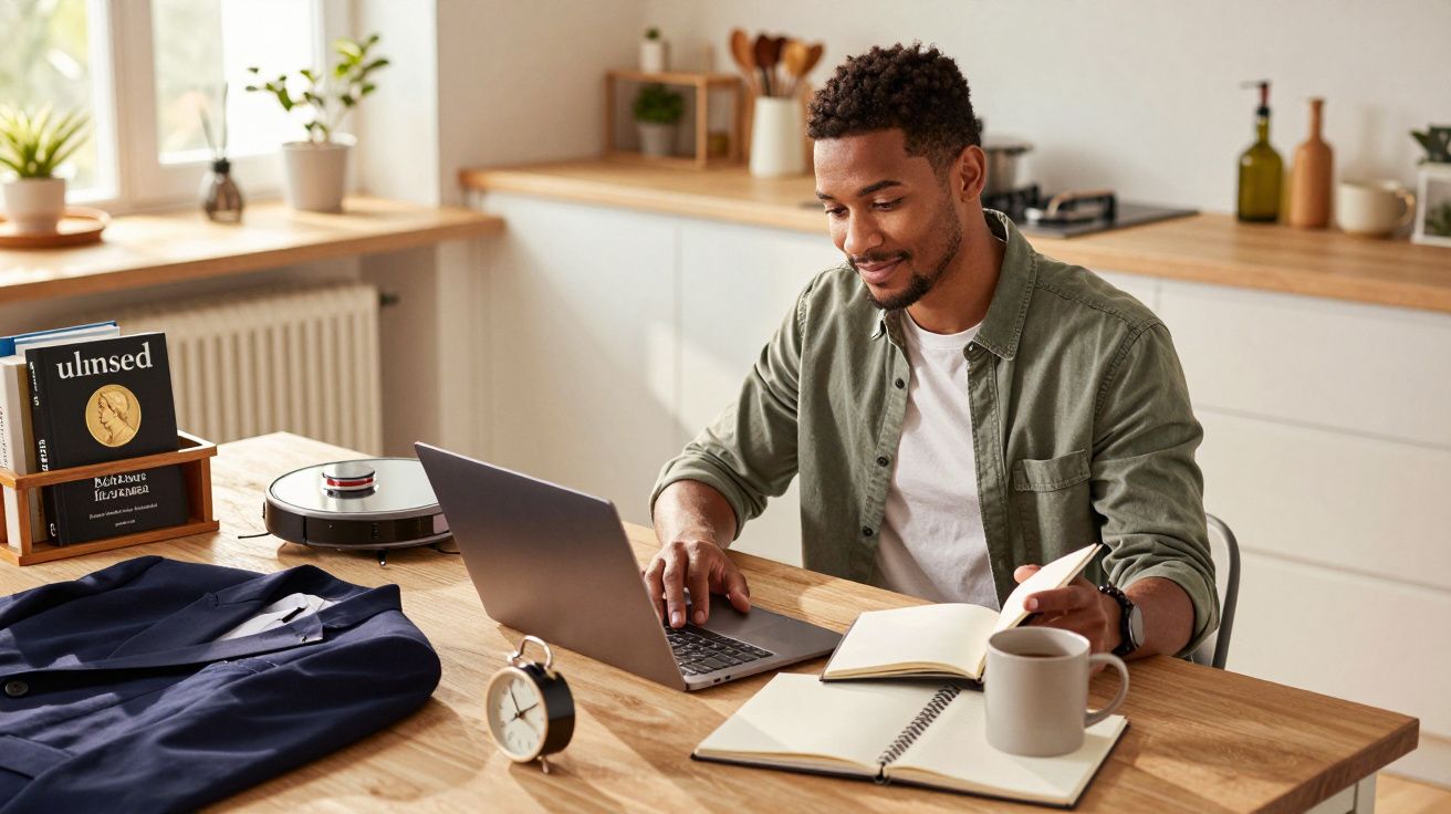 Man werkt op laptop aan bureau, met een open notitieboek, kop koffie en wekker in moderne keuken.