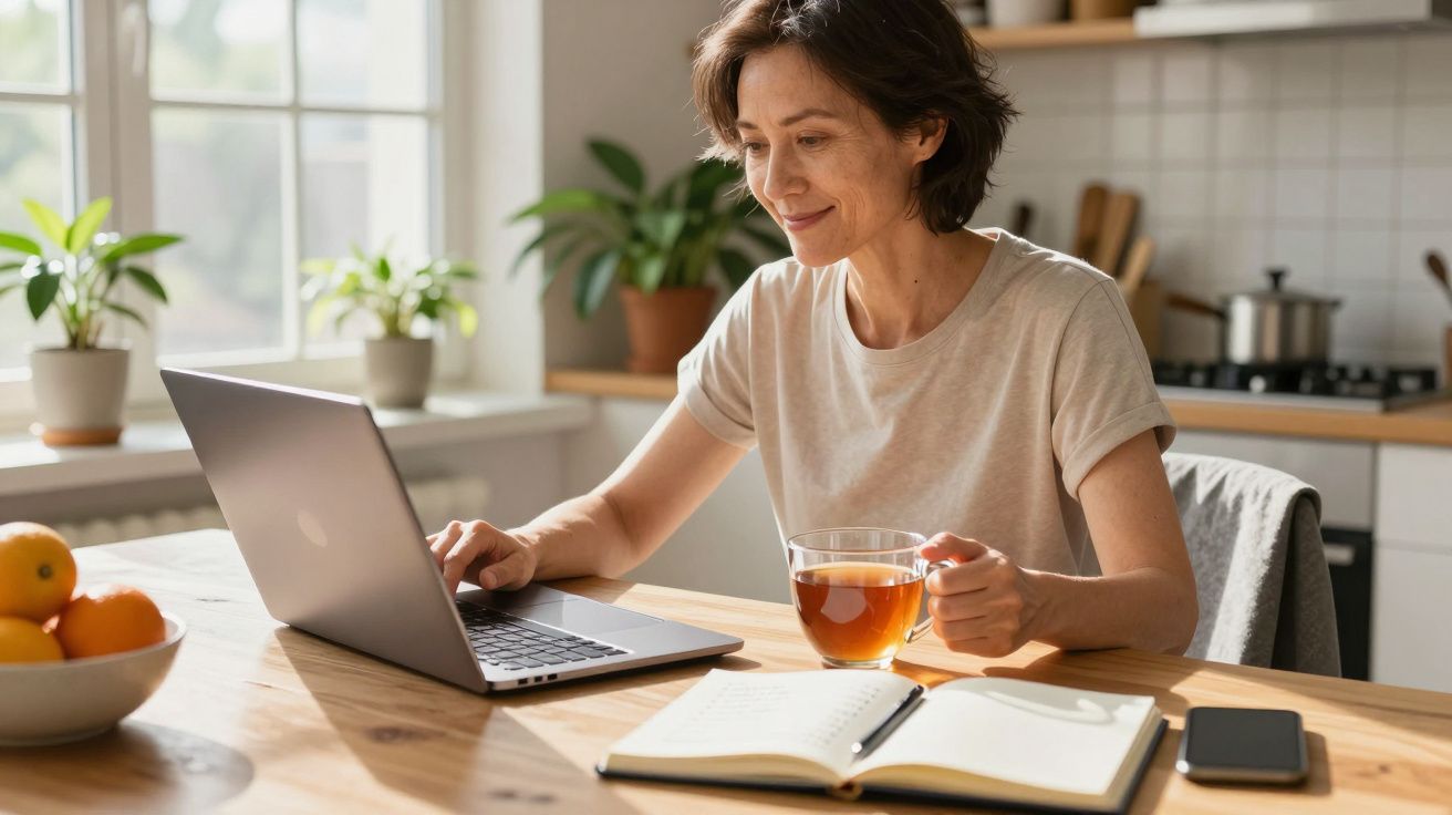 Vrouw werkt op een laptop aan een tafel in de keuken met een kopje thee, notitieboekje en fruitschaal.