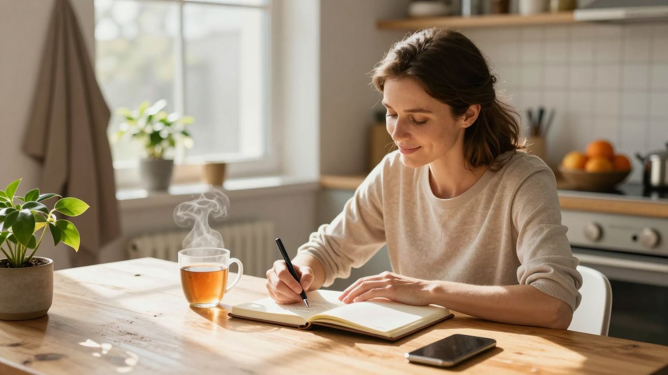 Een vrouw schrijft in een notitieboek aan de keukentafel met een kop thee en een smartphone dichtbij.