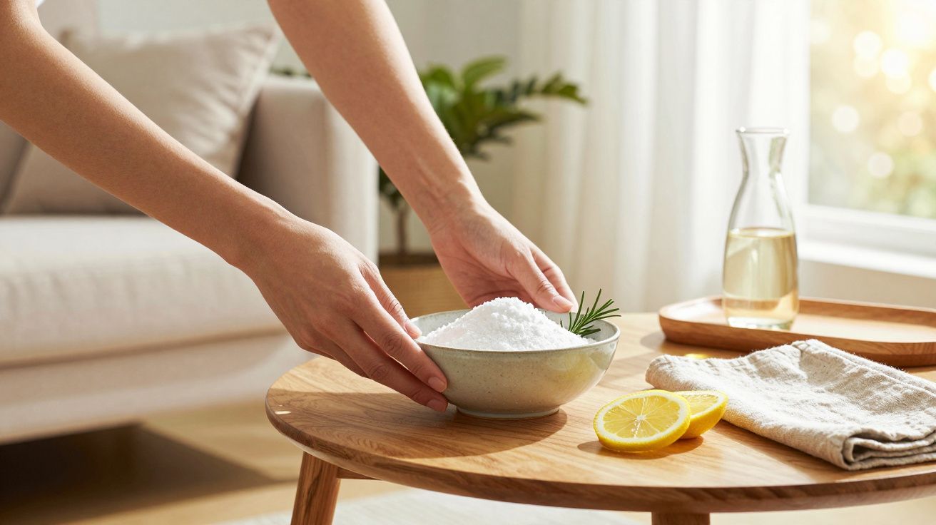 Handen plaatsen een kom zout op tafel met citroenschijfjes, handdoek en karaf water op een zonnige dag in de woonkamer.
