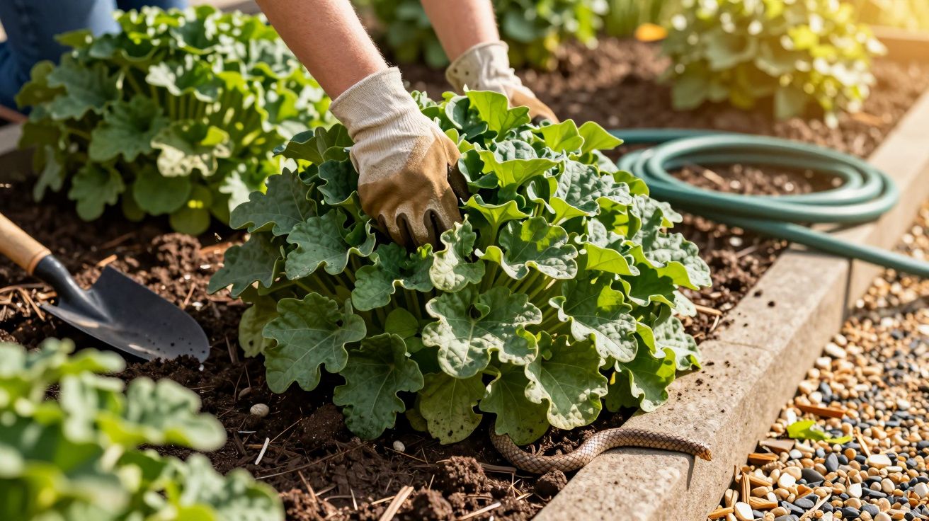 Tuinier met handschoenen verzorgt groene planten in verhoogde tuinbed, naast een slang en schep.