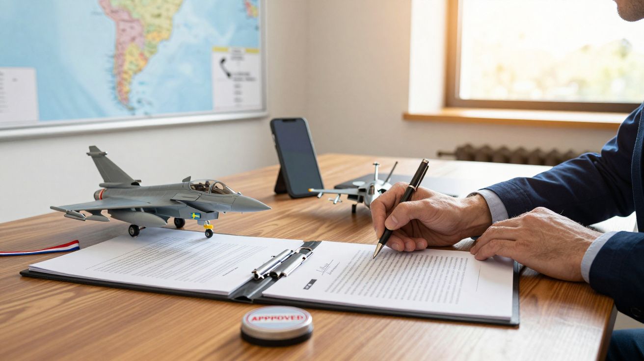 Persoon tekent document naast schaalmodel van straaljager op bureau, met kaart aan de muur en telefoon in de achtergrond.