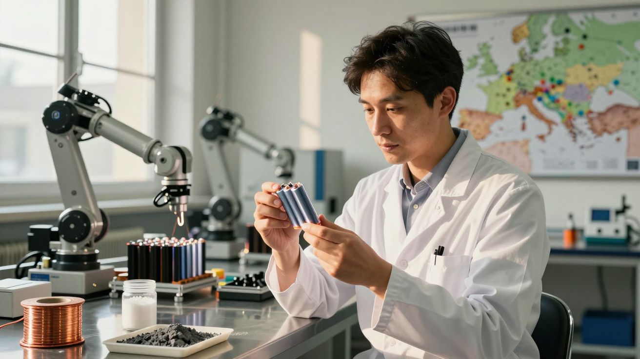 Wetenschapper onderzoekt batterijen in laboratorium met robotarmen en kaart op de achtergrond.