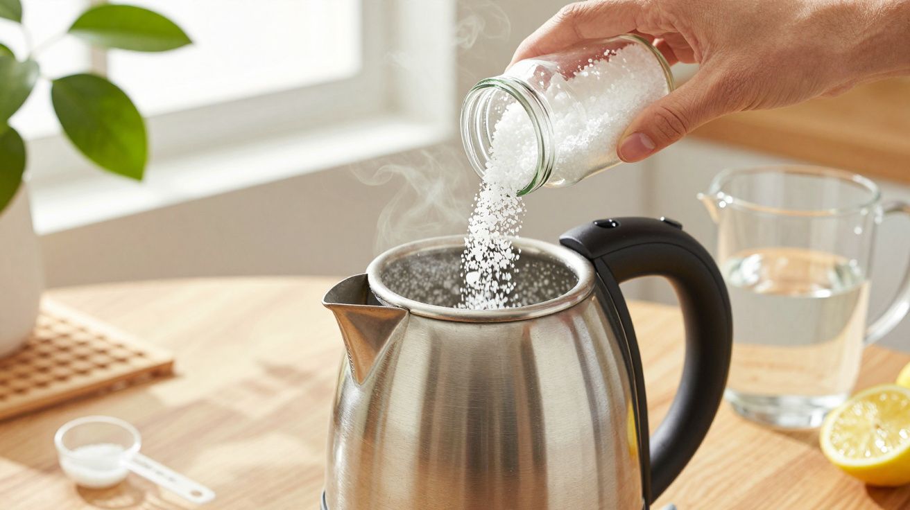 Hand strooit zout in een kokende waterkoker op houten tafel, met citroen en glas water op achtergrond.