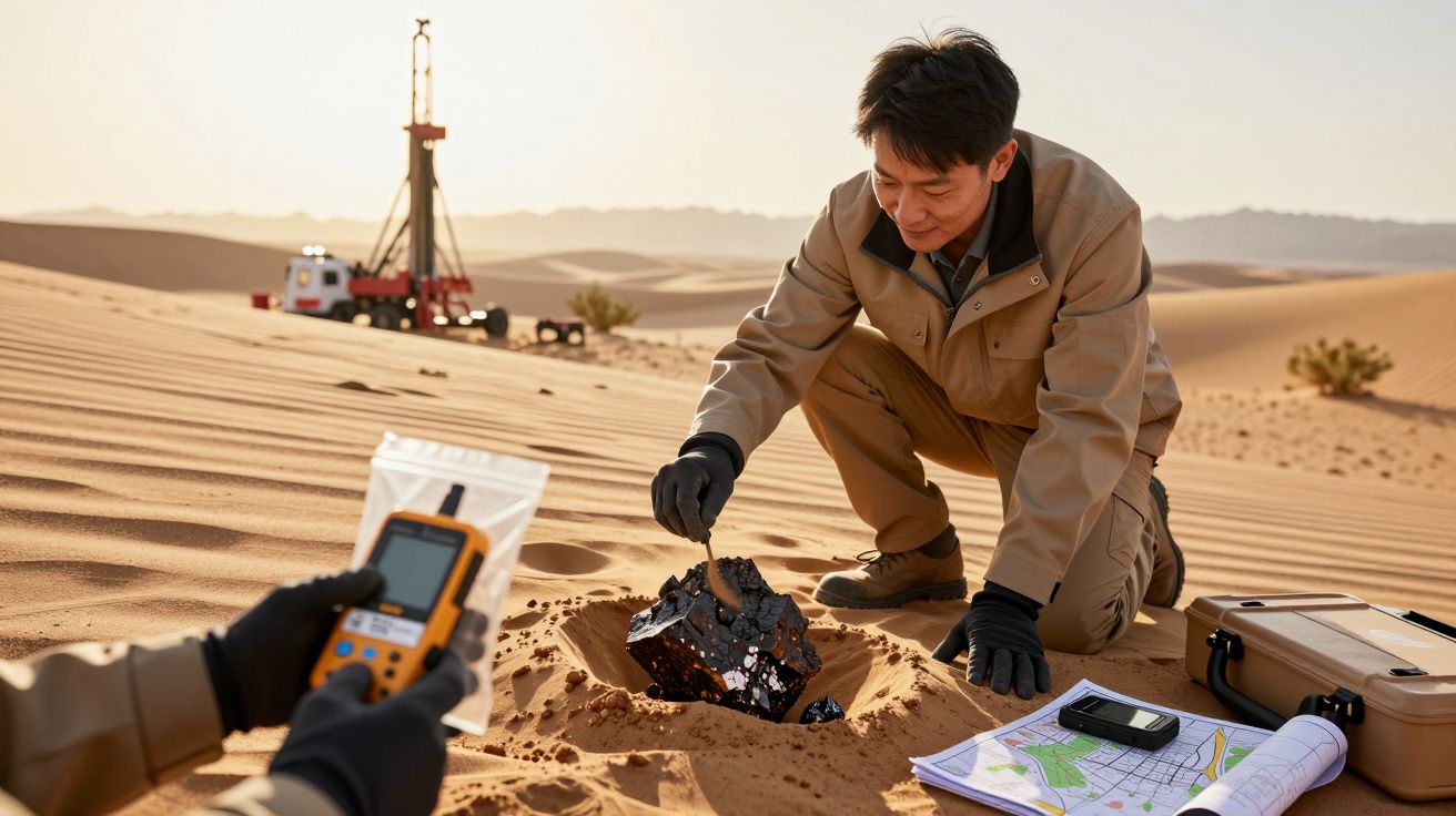 Man onderzoekt zwarte rots in de woestijn, apparatuur en kaarten aan zijn zijde.