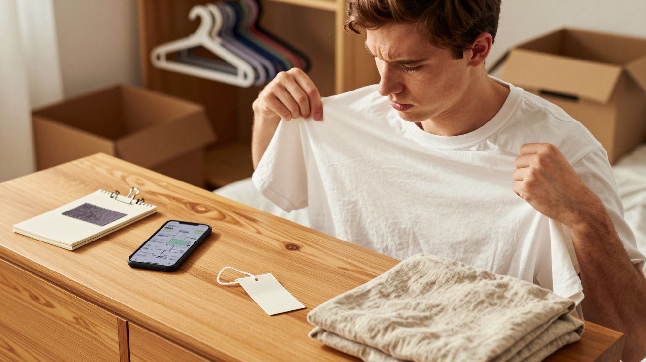 Man inspecteert wit T-shirt naast ladekast met notitieboek, smartphone en gevouwen kleding.