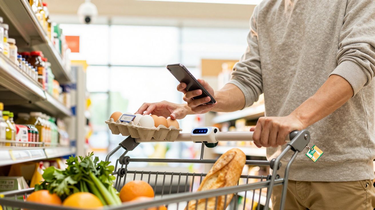 Man winkelt in supermarkt met smartphone en winkelwagen vol groenten, eieren en stokbrood.