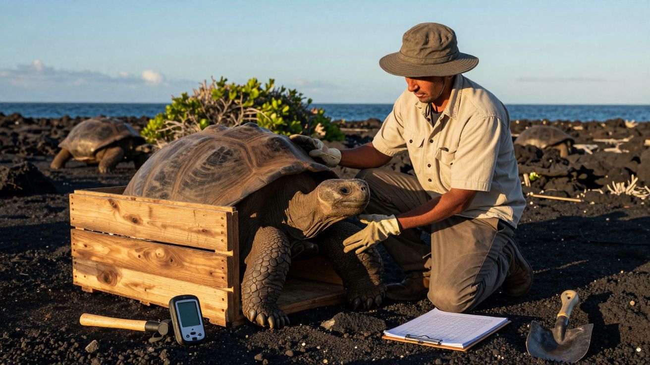 Een man onderzoekt een grote schildpad in een houten bak naast de zee, met gereedschap en een notitieblok op de grond.