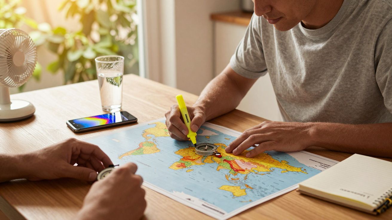 Twee mensen plannen een reis met behulp van een wereldkaart, kompas en markeerstift aan een houten tafel.