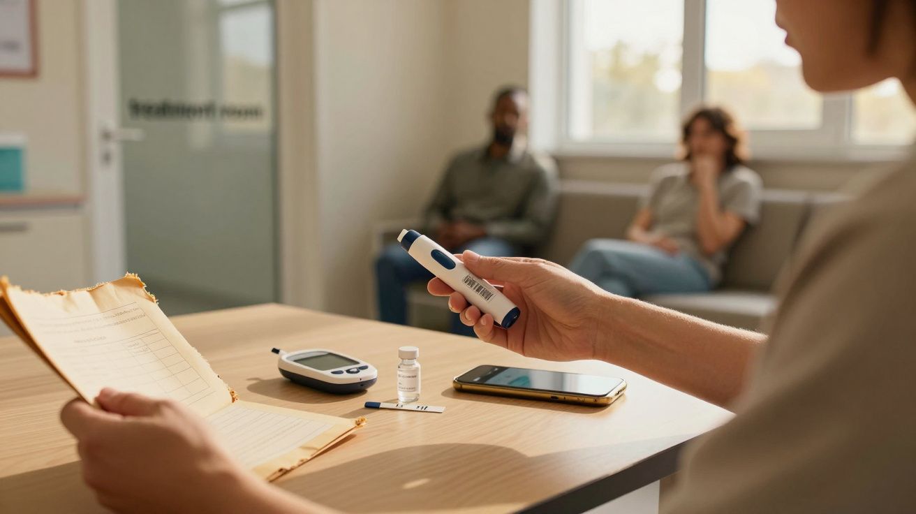Een persoon houdt een glucosemeter vast in een behandelkamer, met patiënten op de achtergrond.