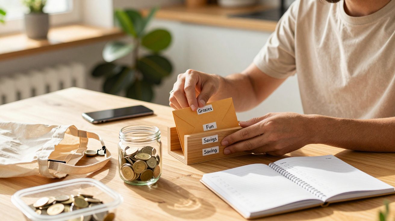 Persoon sorteert enveloppen met labels "Gifts", "Fun", "Savings" en "Saving", naast een pot met munten en een notitieboek.