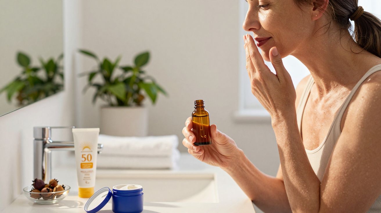 Vrouw brengt gezichtsserum aan in badkamer, met zonnebrandcrème en crème op wastafel, planten op achtergrond.