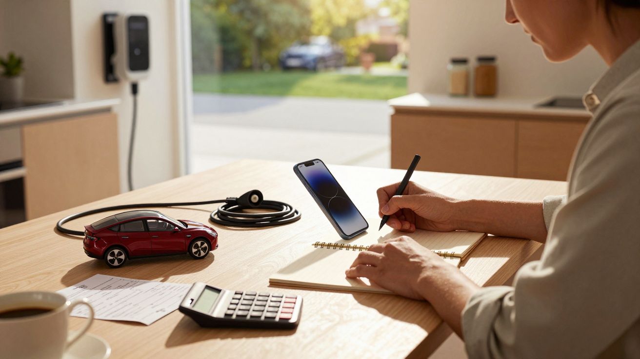 Persoon schrijft in notitieboekje, met telefoon, speelgoedauto, rekenmachine en een kop koffie op tafel.