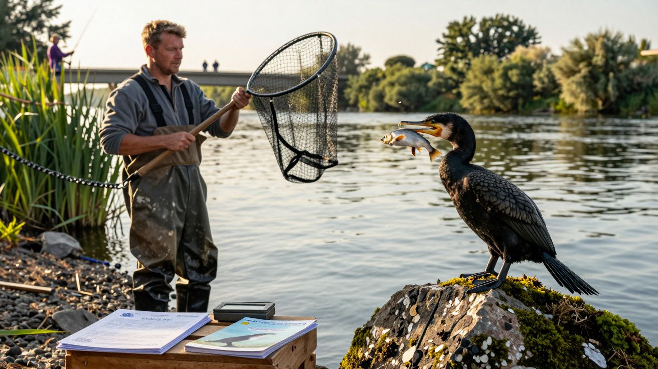 Man met visnet bij rivier, aalscholver met vis in snavel op rots, bureau met papieren vooraanzicht.