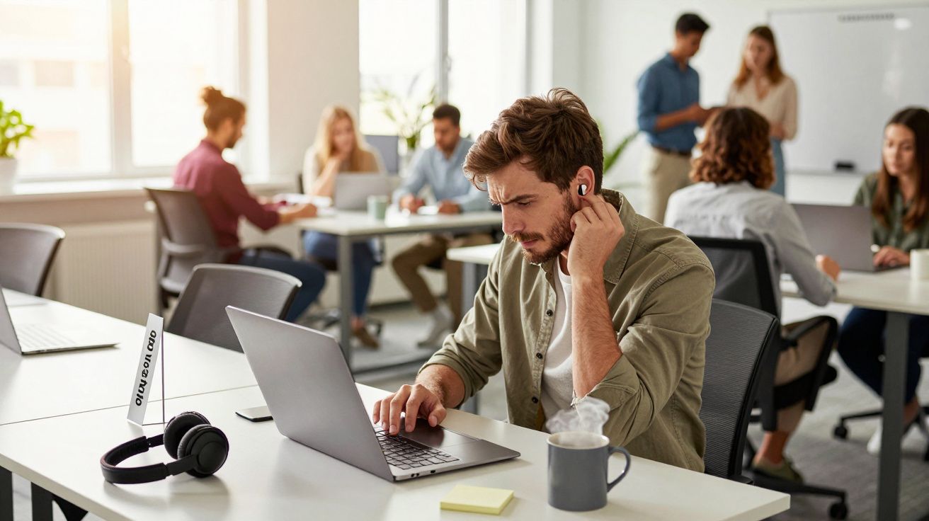Man in kantoorruimte werkt op laptop, draagt oordopjes; andere mensen werken aan tafels op de achtergrond.