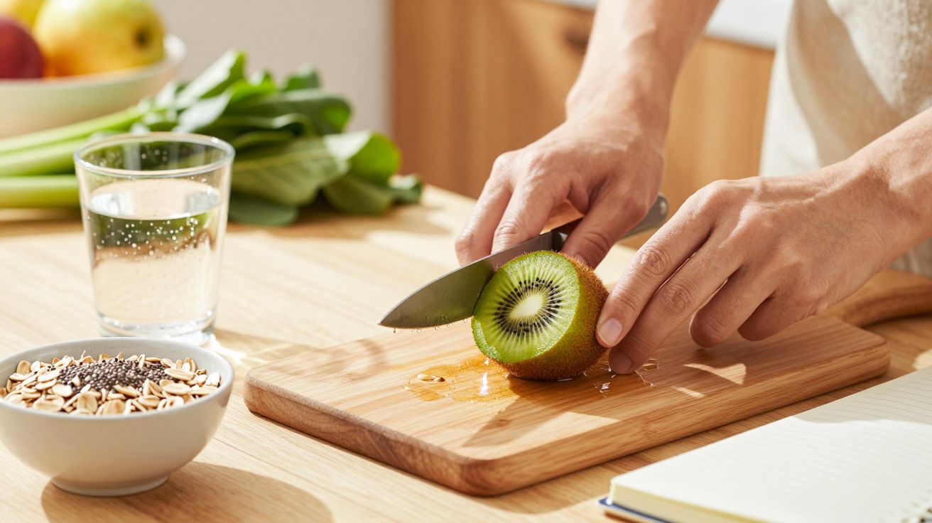 Persoon snijdt een kiwi op een houten snijplank, omringd door een glas water, saladegroenten en een kom met zaden.