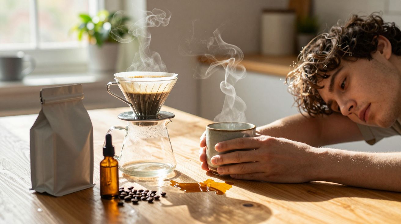 Man zit achterover leunend aan tafel met koffiezetapparaat, koffiebonen en kopje koffie in een zonovergoten keuken.