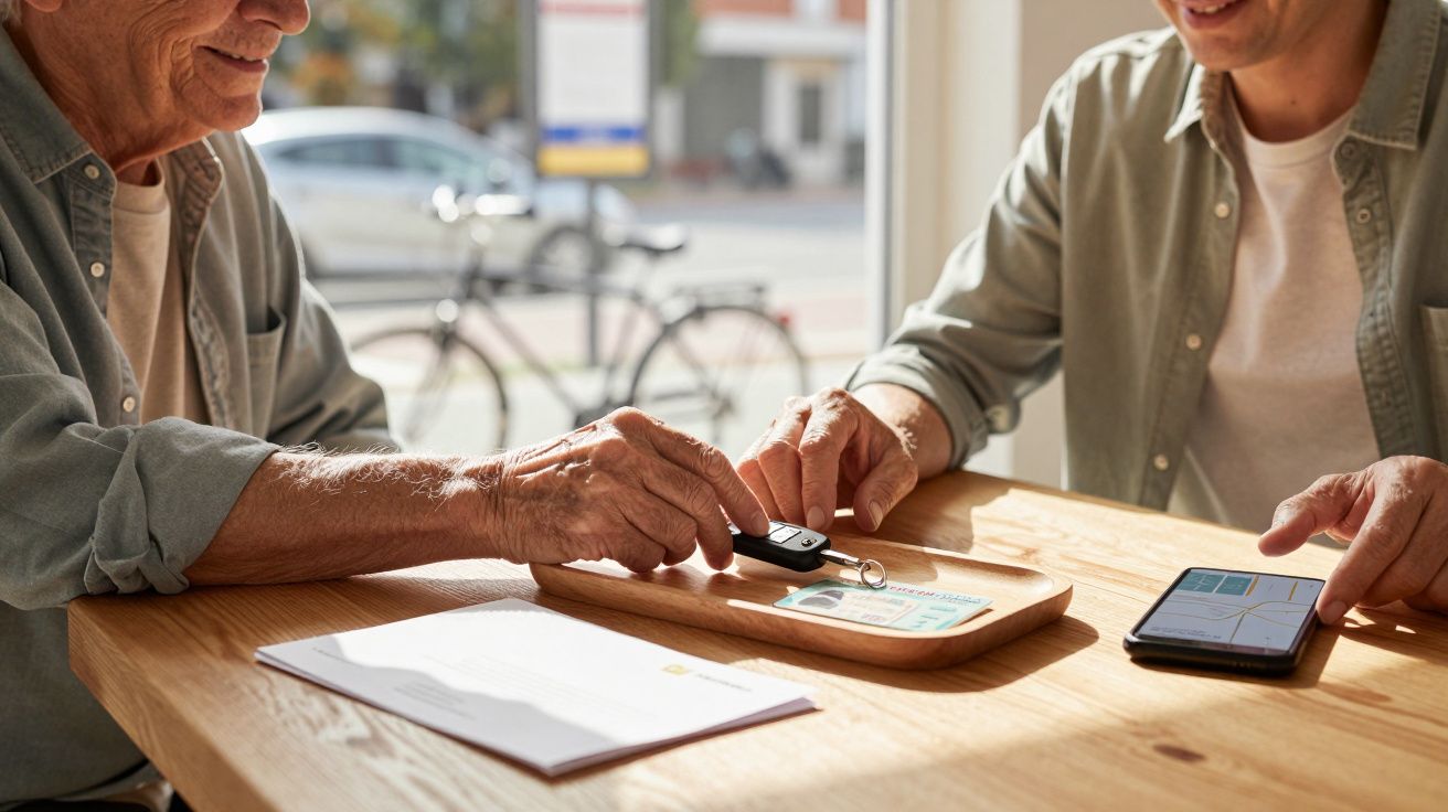 Twee mensen aan tafel, handover van autosleutels, open documenten, smartphone en schaal met sleutels op houten oppervlak.