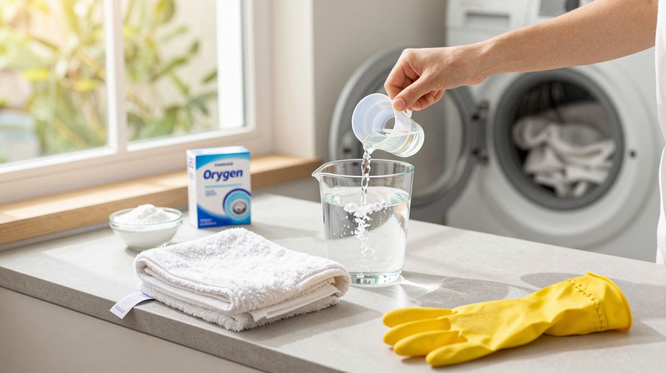 Hand giet vloeistof in glas, naast handdoeken, waspoeder en gele handschoenen op aanrecht bij wasmachine.