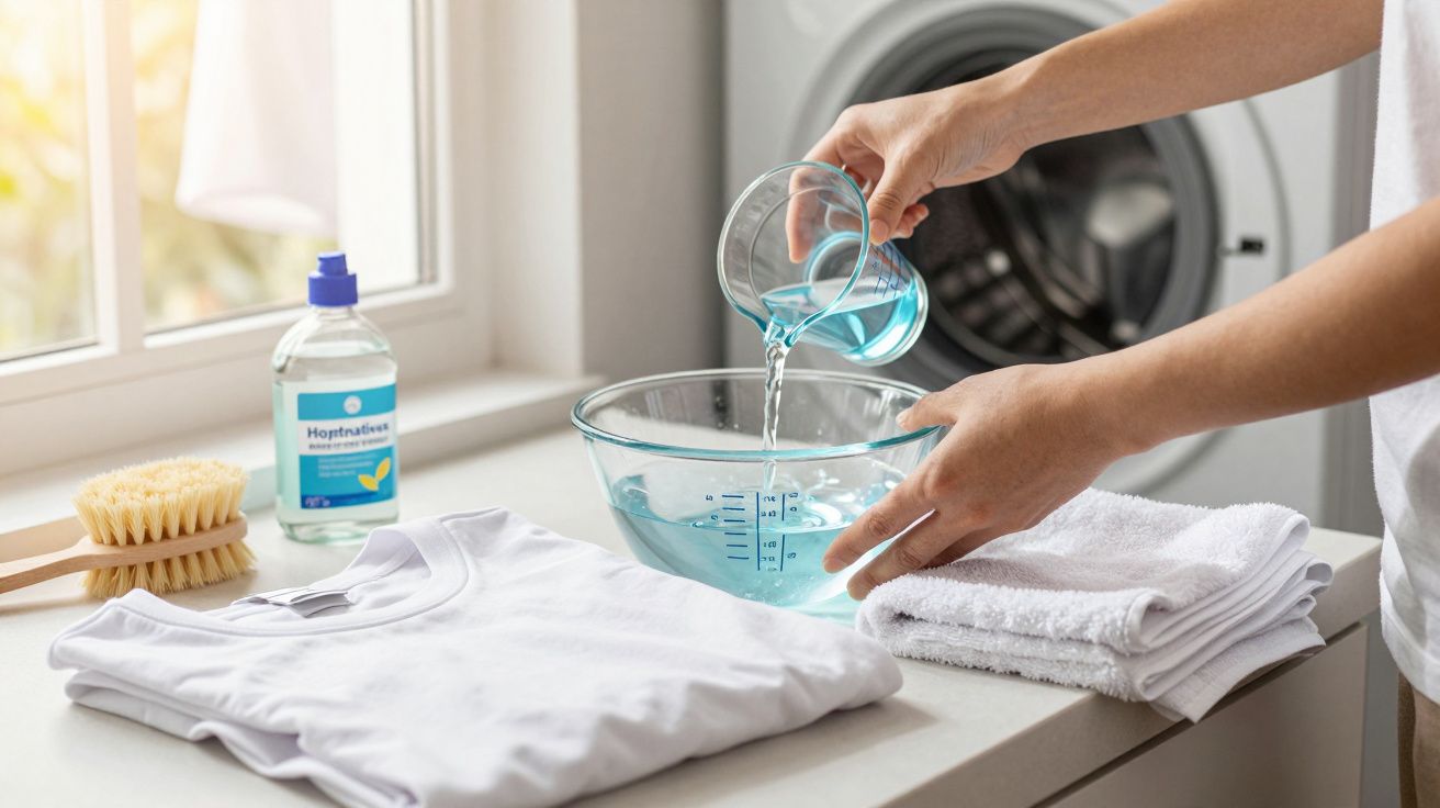 Persoon giet vloeistof in schaal naast stapel witte was, borstel, wasmiddel en wasmachine op achtergrond.