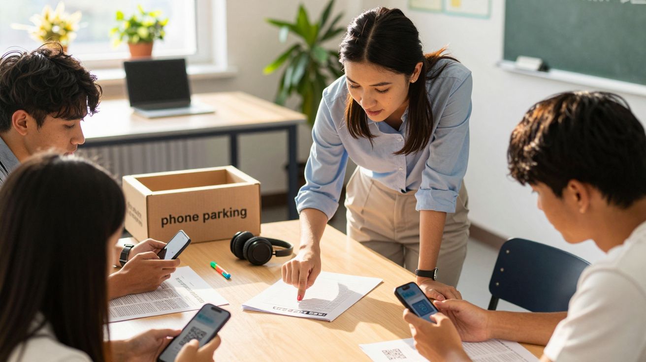 Vrouw leidt groepsdiscussie in klaslokaal, terwijl studenten met smartphones bezig zijn. Kartonnen doos voor telefoons zichtb