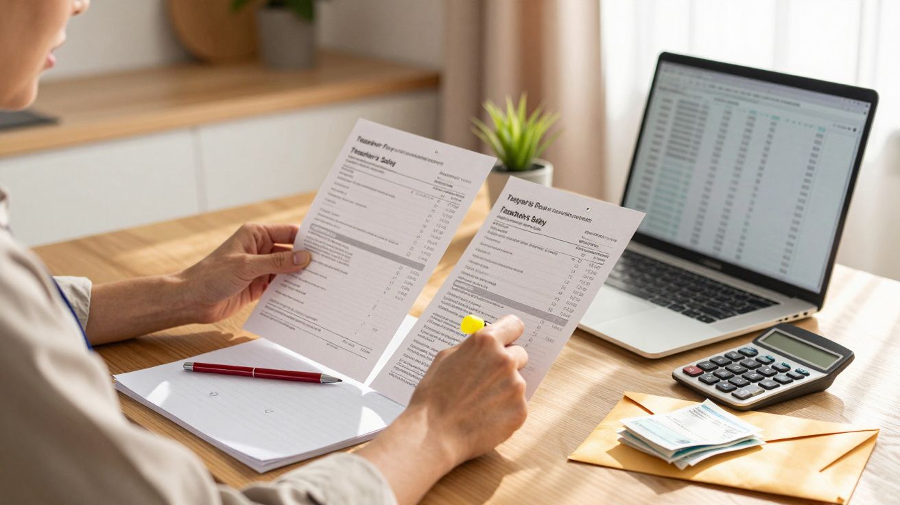 Persoon vergelijkt belastingdocumenten met gegevens op laptop, met rekenmachine en geld op houten bureau.