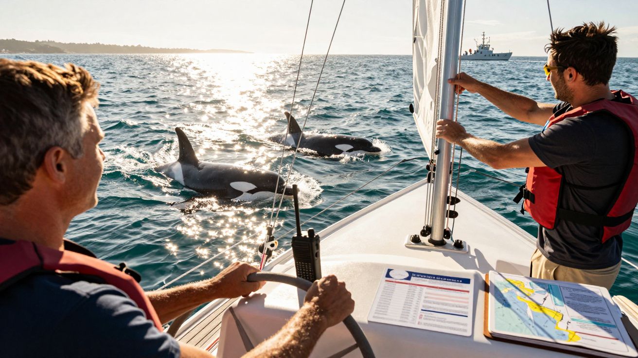 Twee mannen op zeilboot bewonderen orka's in zee bij zonsondergang.