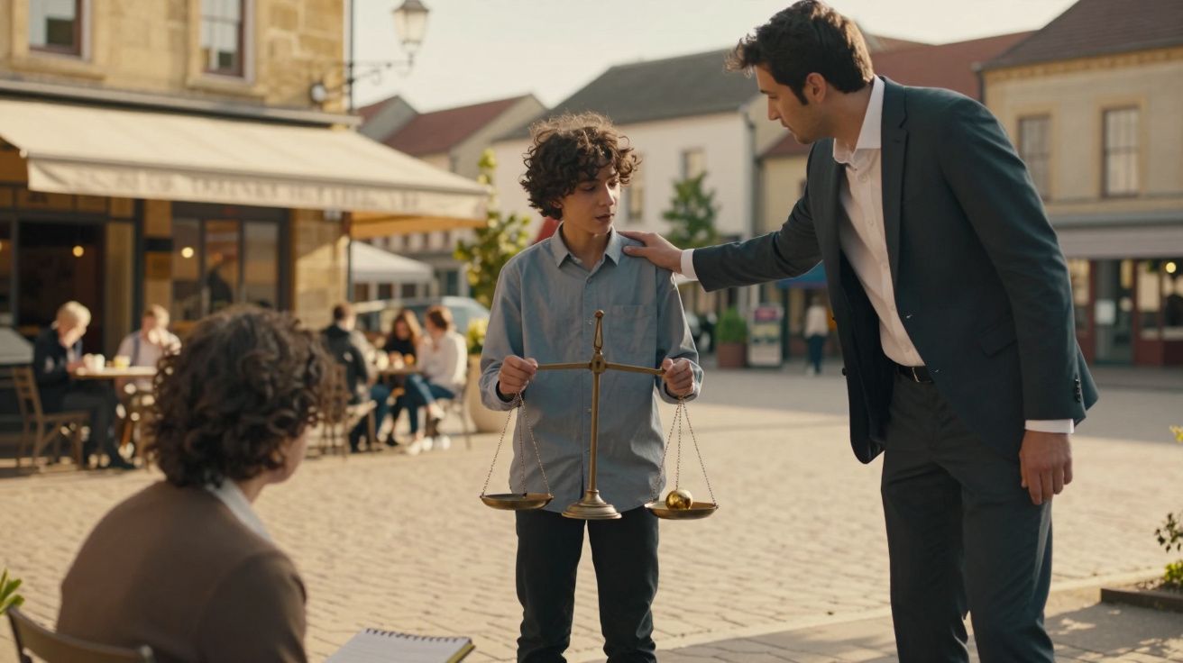 In een plein staan twee mannen, één met een weegschaal, en een zittende persoon schrijft in een notitieblok.