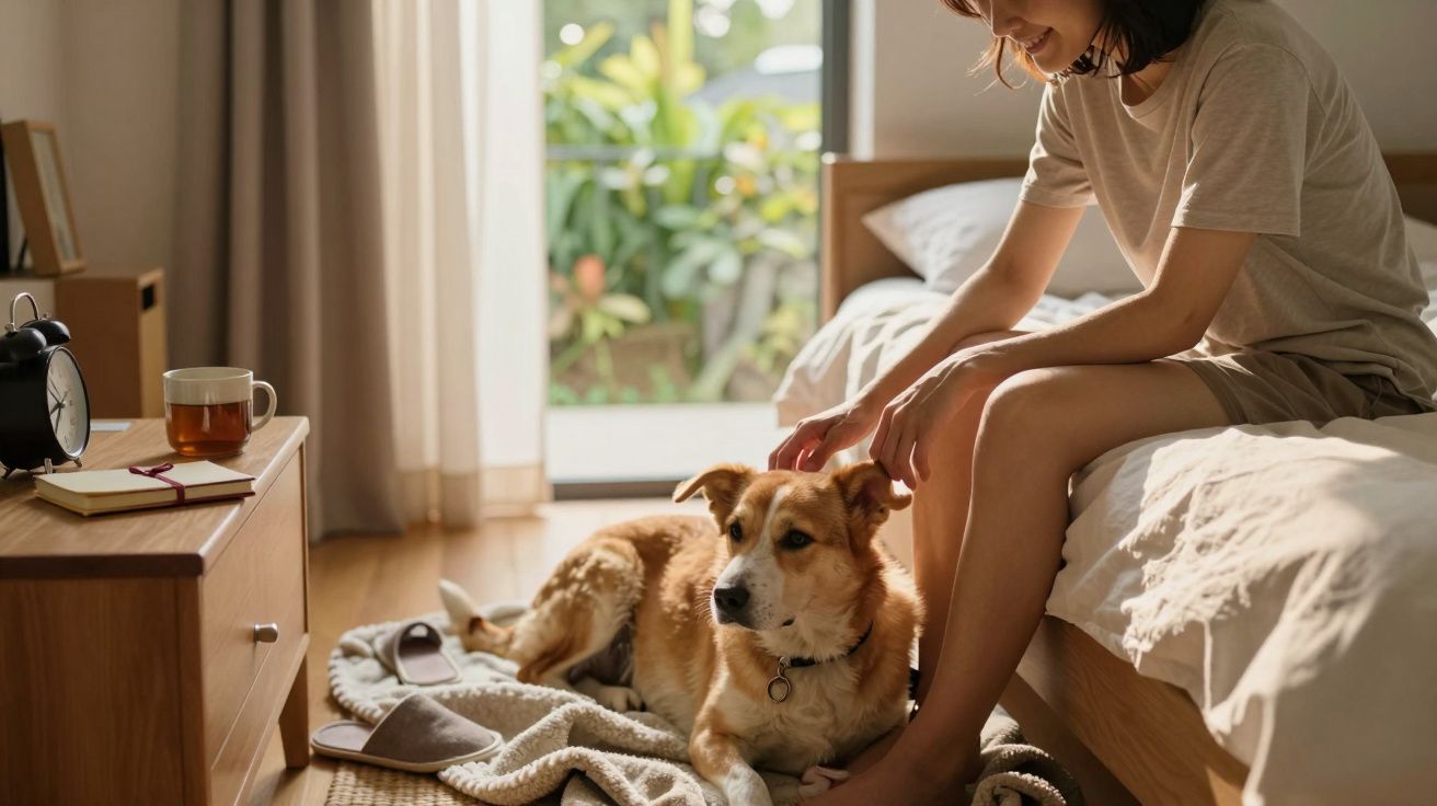 Vrouw zit op bed en aait haar hond, omringd door boeken, thee en een wekker, in een zonnige slaapkamer.