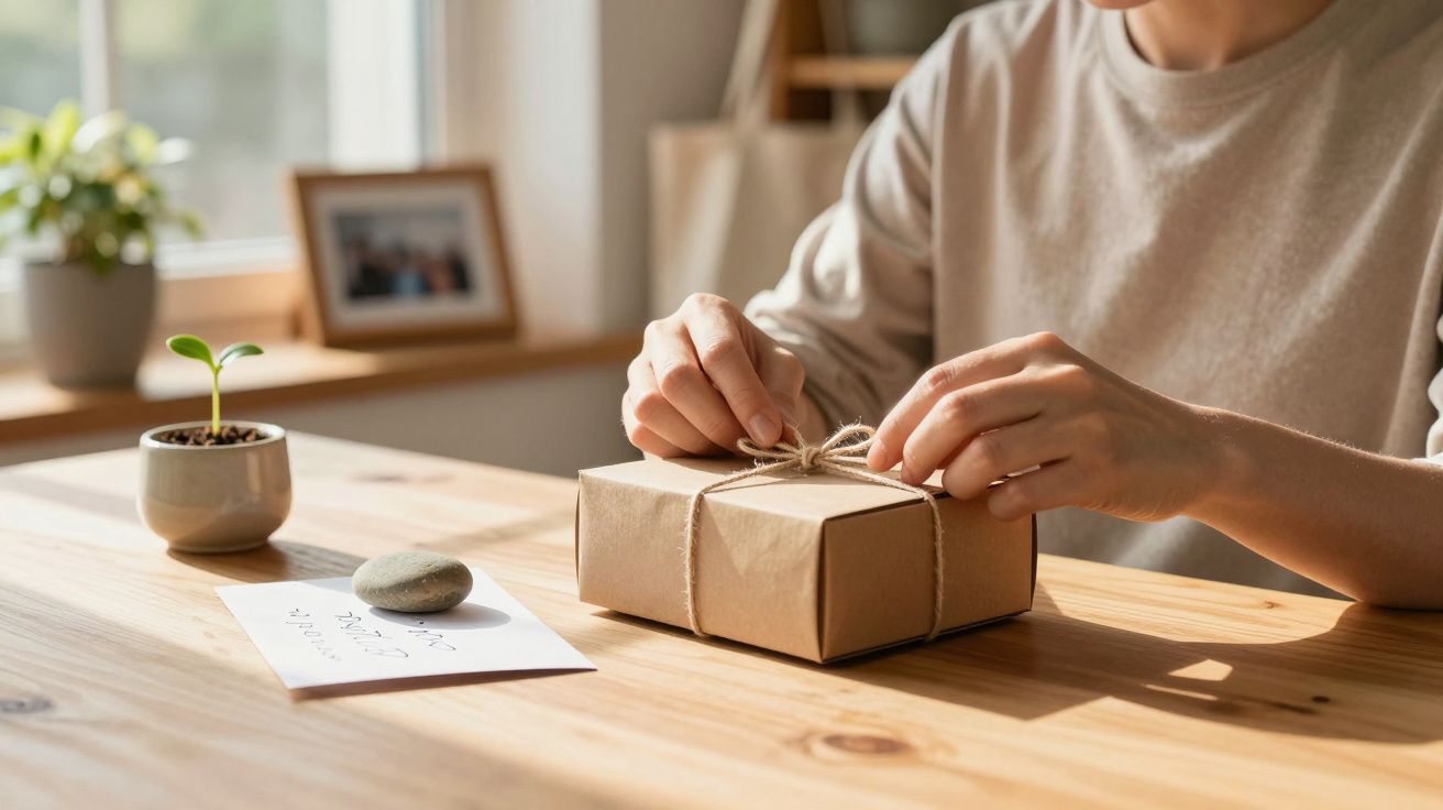 Persoon wikkelt bruin touw om een in papier verpakt cadeau, met een plantje en een kaart op houten tafel.