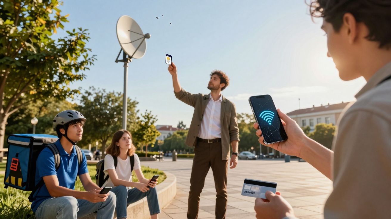 Vier mensen gebruiken smartphones en een creditcard in een park met een satellietschotel op de achtergrond.